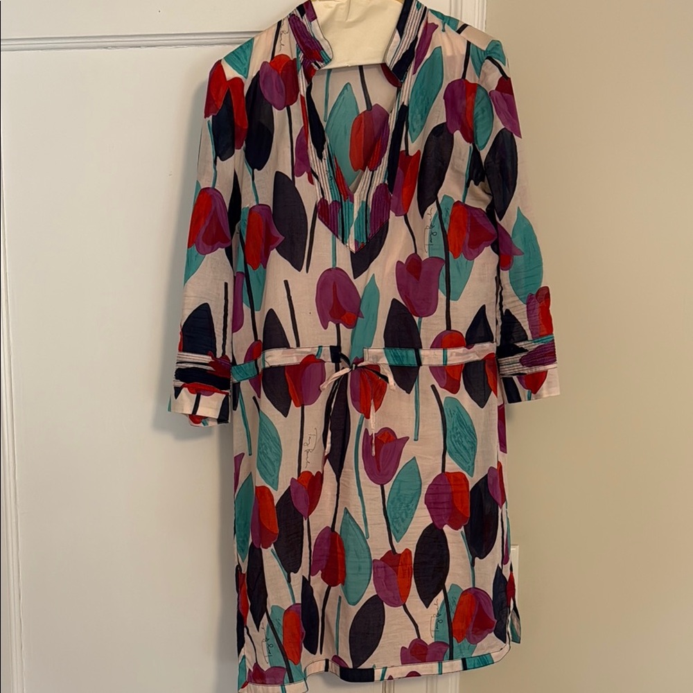 Tory Burch Green and Red Sheath Mini Dress with Plunge Neckline
